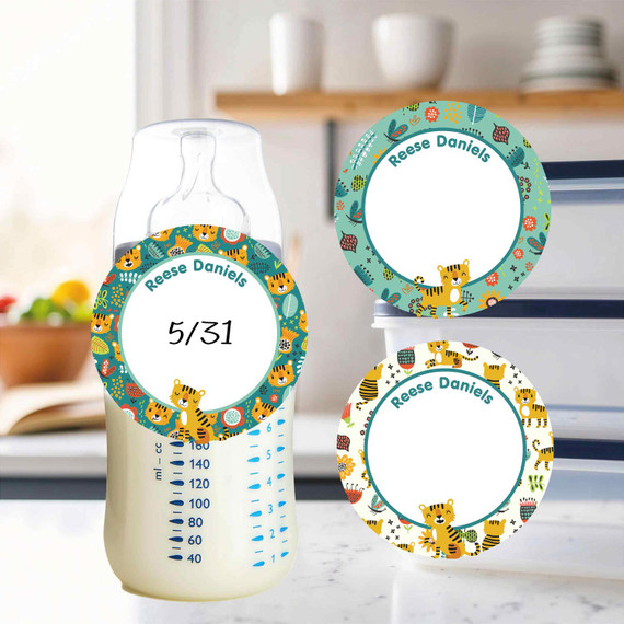 Waterproof small round write-on labels cute tiger pattern kids daycare name stickers