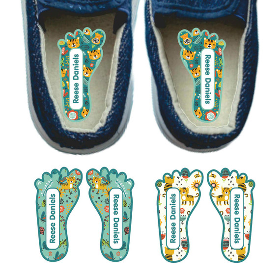 Tiny Tigers foot labels for shoes — left and right foot-shaped shoe stickers