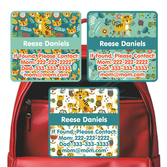 Tiny Tigers emergency contact labels — personalized phone number stickers for kids