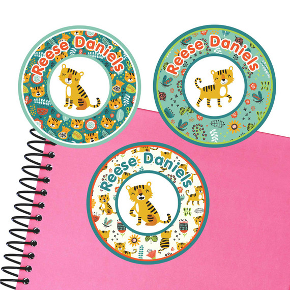 Tiny Tigers large round labels — waterproof name stickers for kids