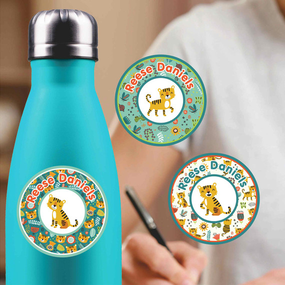 Tiny Tigers medium round labels — waterproof circle name stickers for kids