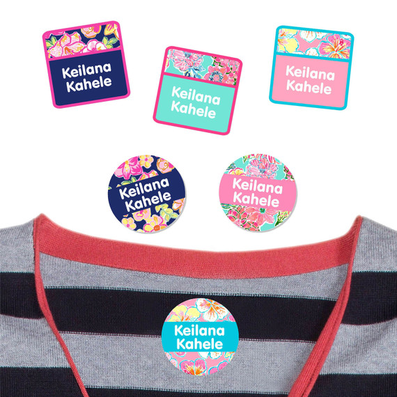 Durable mabel's labels tag mates stick on clothing labels for Tropical Trio labels shown on a t-shirt. High-quality tags that stay.