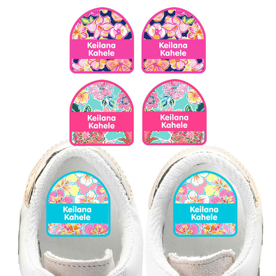 Tropical Trio shoe name labels — personalized waterproof labels for shoes