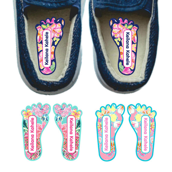Tropical Trio left right foot-shaped shoe labels for children Tropical Trio left right foot-shaped shoe labels for children