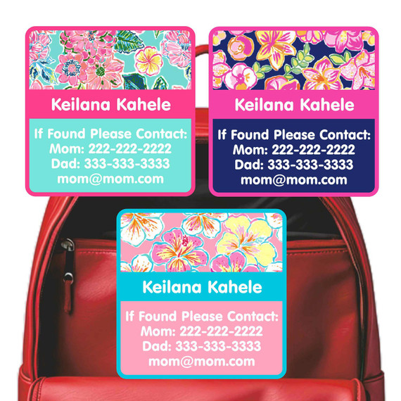 Tropical Trio emergency contact labels — personalized phone number stickers for kids