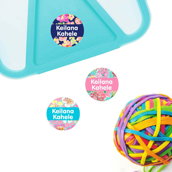 Tropical Trio small round name labels — waterproof circle stickers for kids