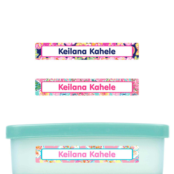 Tropical Trio slim name stickers — waterproof stickers for water bottles and small containers