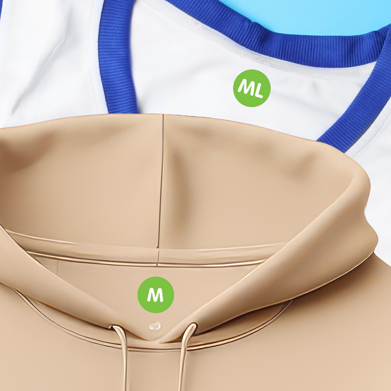 Durable school name tags for kids in Initial Dot Solid. Fun, waterproof clothing labels shown on a child's t-shirt.