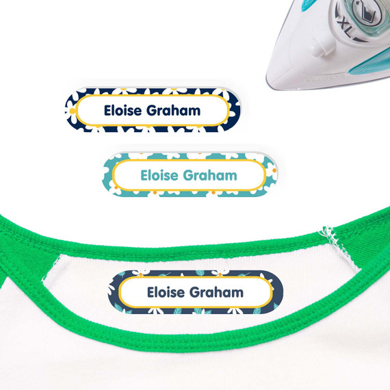 Fun Daisies personalized iron on labels for clothes for identifying kids' clothing and school gear.