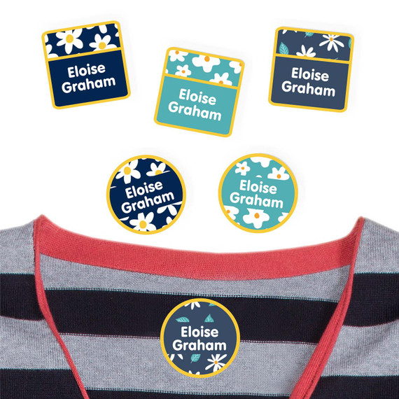 Daisies peel and stick clothing labels for kids — clothing stickers made to order