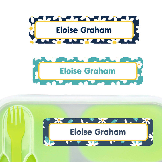 Daisies large rectangle name labels — waterproof sticker labels for school supplies and water bottles