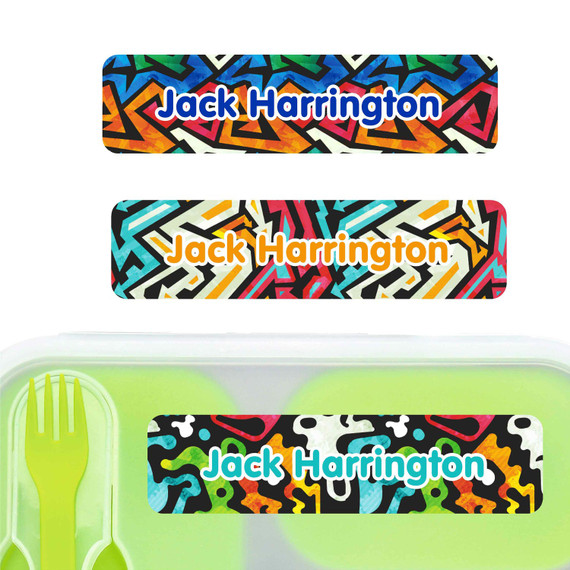 Graffiti large rectangle name labels — waterproof sticker labels for school supplies and water bottles