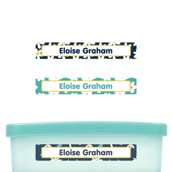 Daisies slim name stickers — waterproof stickers for water bottles and small containers