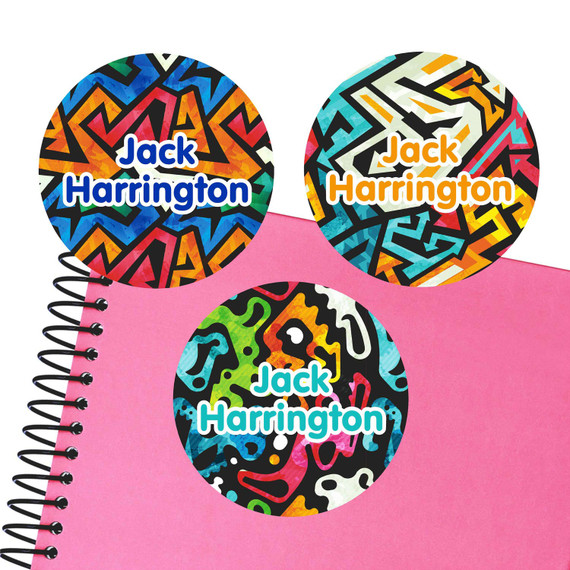 Graffiti large round labels — waterproof name stickers for kids