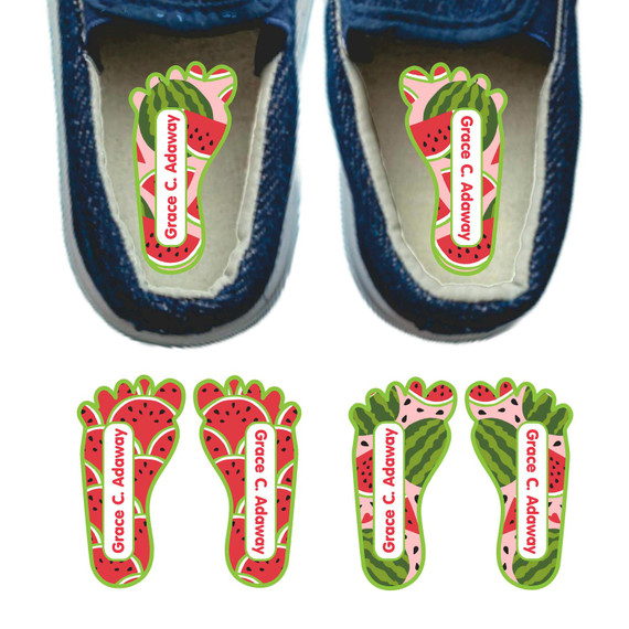 Summer Squeeze foot labels for shoes — left and right foot-shaped shoe stickers