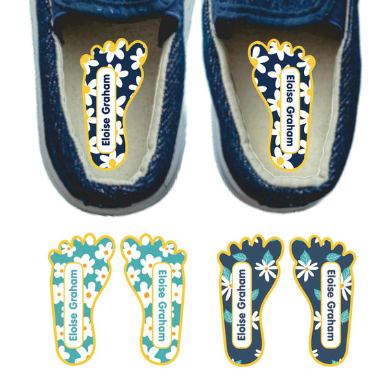Daisies foot labels for shoes — left and right foot-shaped shoe stickers