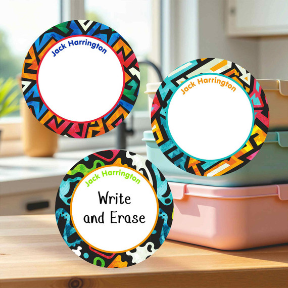 Tear-resistant large round write-on labels graffiti design personalized name tags