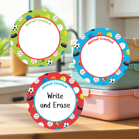 Durable large round write-on labels all sports theme personalized school container labels