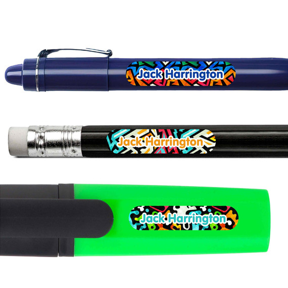 Graffiti pencil labels — personalized name stickers for school supplies
