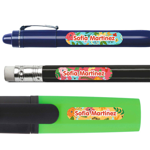 Blossoms pencil labels — personalized name stickers for school supplies