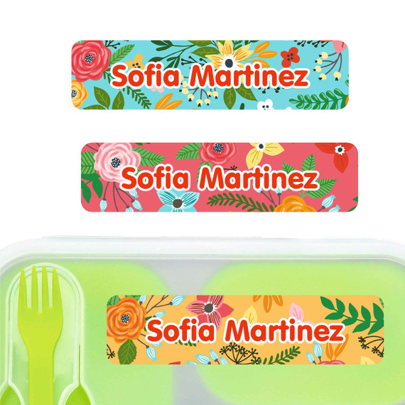 Blossoms large rectangle name labels — waterproof sticker labels for school supplies and water bottles