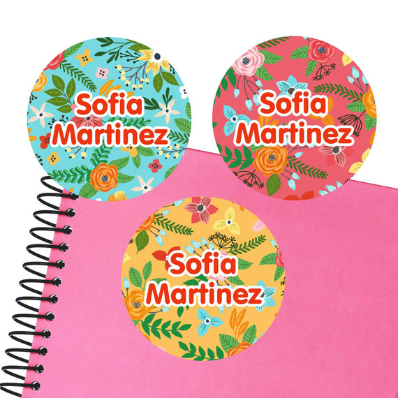 Blossoms large round labels — waterproof name stickers for kids