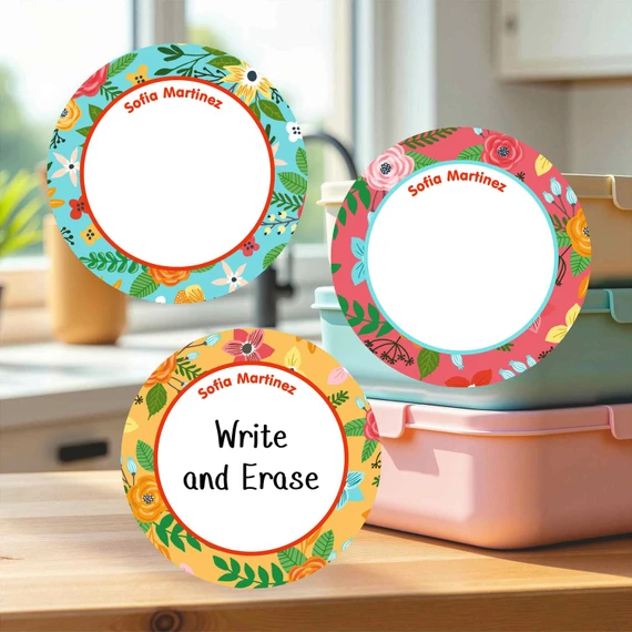 Multi-surface large round write-on labels blossom design personalized name tags