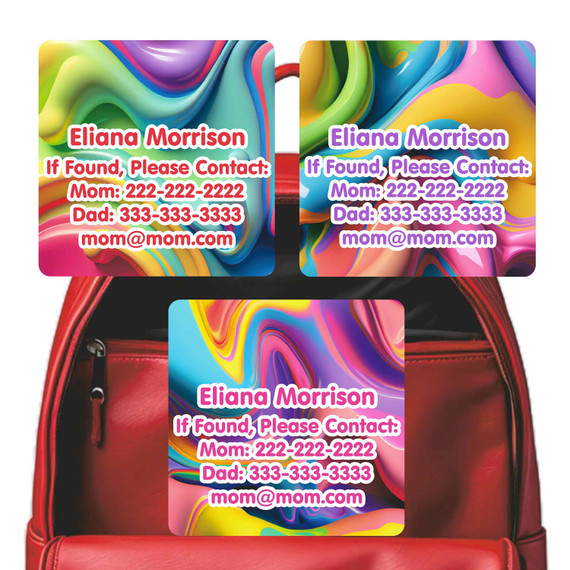 Chromatic Cascades emergency contact stickers with liquid art