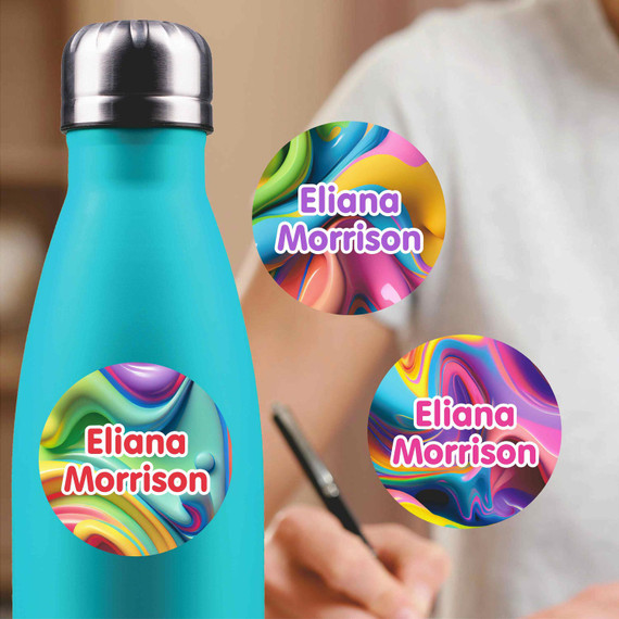 Chromatic Cascades medium round labels — waterproof circle name stickers for kids