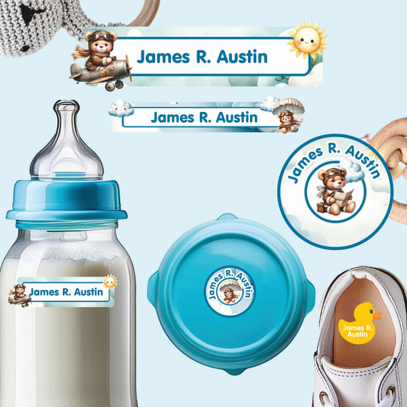 Bear Adventures baby labels for daycare — personalized waterproof infant labels for bottles, sippy cups and baby gear