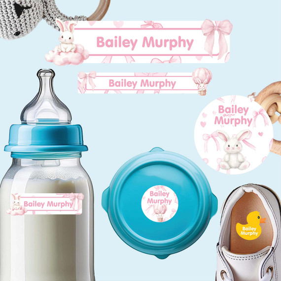 Blissful Bunnies baby labels for daycare — personalized waterproof infant labels for bottles, sippy cups and baby gear
