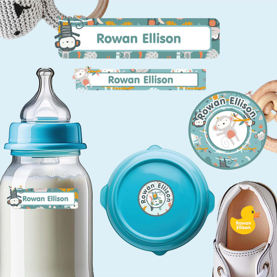 Cheeky Monkeys baby labels for daycare — personalized waterproof infant labels for bottles, sippy cups and baby gear