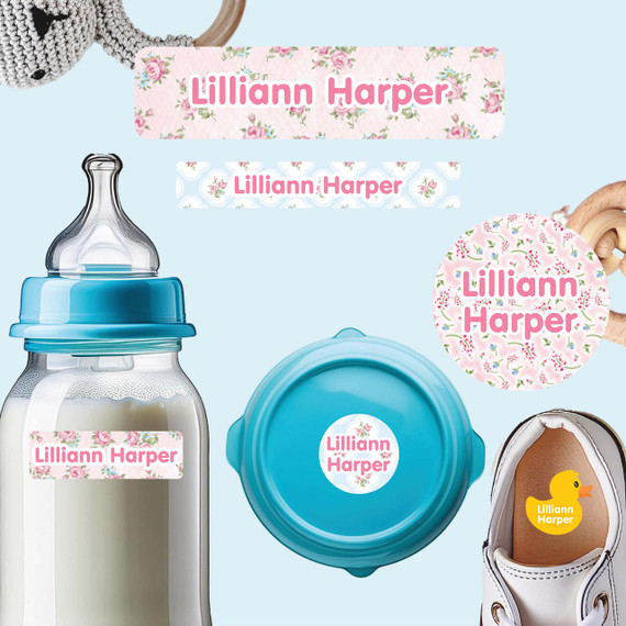 Cottage Rose baby label pack — personalized waterproof stickers for infants and babies