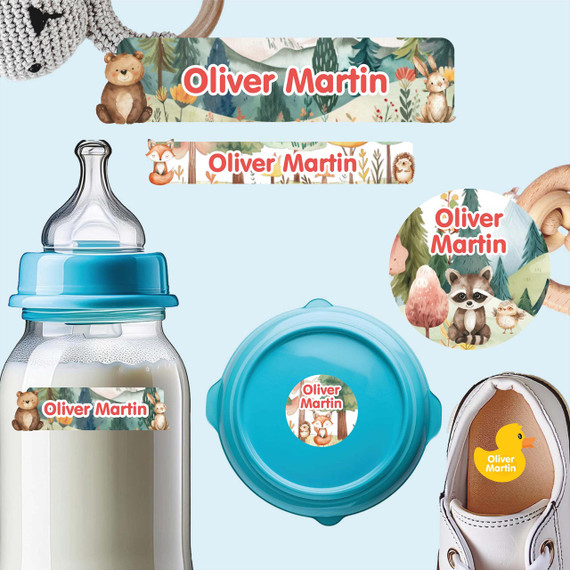 Critter Crew baby labels for daycare — personalized waterproof infant labels for bottles, sippy cups and baby gear