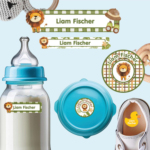 Little Lion King baby labels for daycare — personalized waterproof infant labels for bottles, sippy cups and baby gear