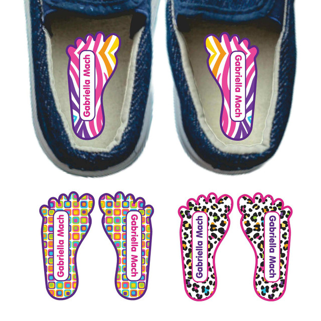 Foot-Shape personalized shoe labels — waterproof shoe name stickers shaped to fit inside kids shoes
