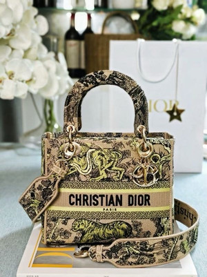Christian Dior Lady D-Lite Medium Bag 24cm Toile de Jouy Embroidery, Gold/Black
