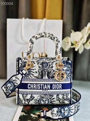 Christian Dior Lady D-Lite Medium Bag 24cm Toile de Jouy Soleil Embroidery, White and Blue