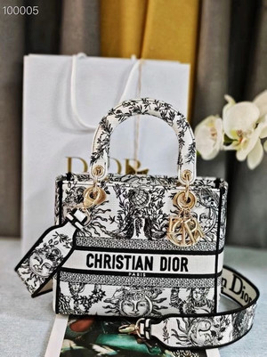 Christian Dior Lady D-Lite Medium Bag 24cm Toile de Jouy Soleil Embroidery, White and Black