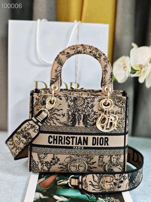 Christian Dior Lady D-Lite Medium Bag 24cm Toile de Jouy Soleil Embroidery, Beige and Black