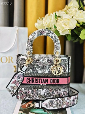 Christian Dior Lady D-Lite Medium Bag 24cm Butterfly Around The World Pietro Ruffo Embroidery, White and Pastel Pink