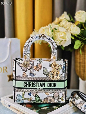 Christian Dior Lady D-Lite Medium Bag 24cm Toile de Jouy Mexico Embroidery, White Multicolor