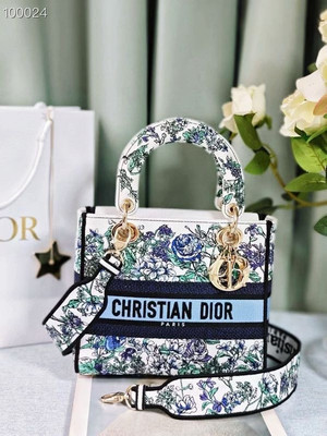 Christian Dior Lady D-Lite Medium Bag 24cm Flowers Constellation Embroidery, White Multicolor