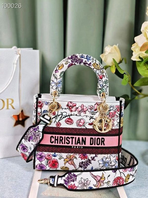 Christian Dior Lady D-Lite Medium Bag 24cm Florilegio Embroidery, White Multicolor