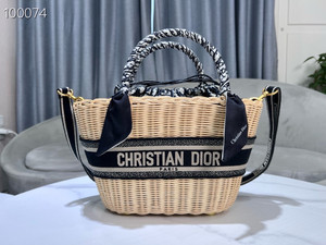 Christian Dior Hat Basket Bag 35cm Natural Wicker and Blue Dior Oblique Jacquard, Blue