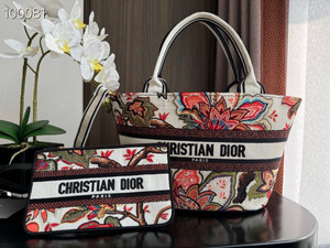 Christian Dior Hat Basket Bag 35cm Albero della Vita Motif Embroidery, White Multicolor Embroidered Cotton