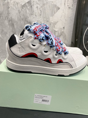 Lanvin Curb Sneakers Velour/Napa Leather Sneakers, White/Red/Black