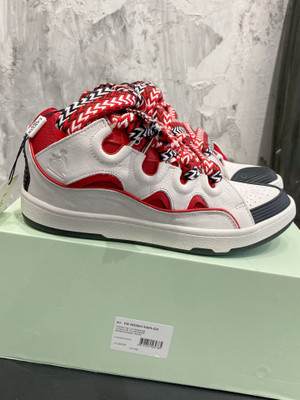 Lanvin Curb Sneakers Velour/Napa Leather Sneakers, Black/White/Red
