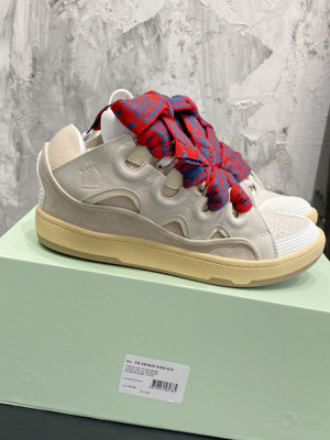 Lanvin Curb Sneakers Suede/Napa Leather Sneakers, White/Beige