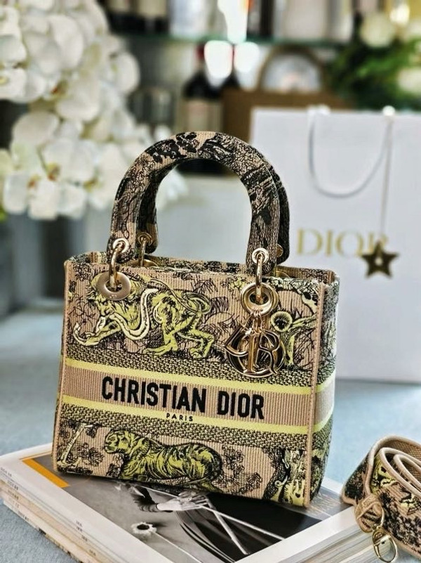 Christian Dior Lady D-Lite Medium Bag 24cm Toile de Jouy Embroidery, Gold/Black